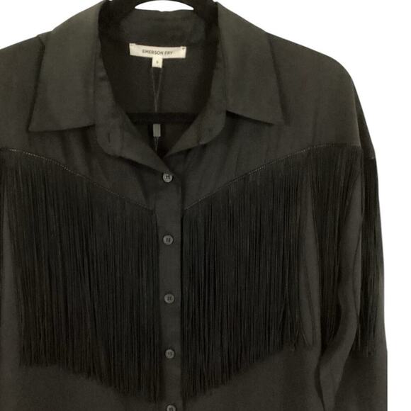 Emerson Fry Fringe Shirtdress In Black Tencel Button Front Pockets Size Small - Picture 7 of 15
